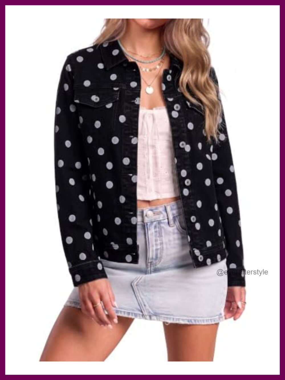 Women's Stretch Denim Jacket Polka Dot Print Button Front Pockets Long Sleeve